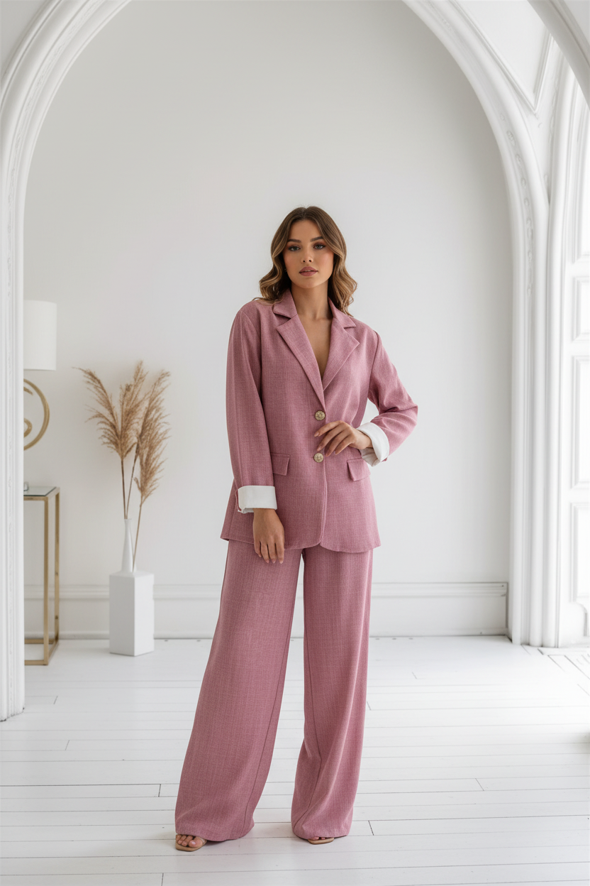 Ensemble blazer rose manche retroussé